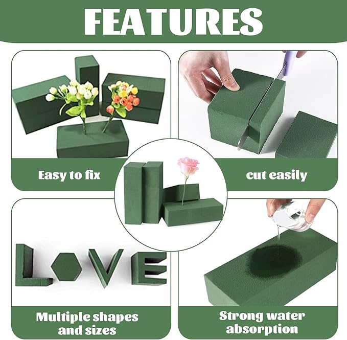 Toopify 6 Pcs Floral Foam, Wet and Dry Floral Foam Blocks Flower Arrangement Kit for Fresh or Silk Artificial Flowers (Green, 9" L x 3.1" W x 4.3" H)
