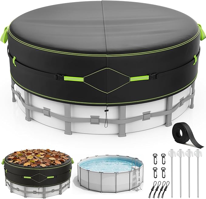 8Ft Round Pool Cover for Small Dog & Pet Pools, Safety Solar Pool Covers with Reflective Strips, Rope and Luminous Nails, Waterproof Oxford Fabric with Windproof Drawstring, Dustproof, Tear Resistant