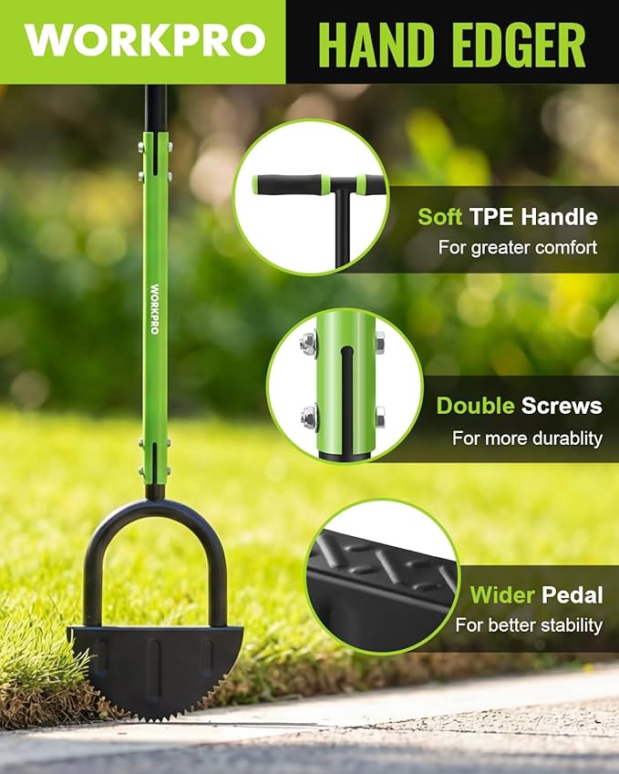 WORKPRO 40-Inch Edger Lawn Tool, Heavy Duty Lawn Edger, Half Moon Steel Saw-Tooth Blade with Wide Footplate & Ergonomic T-Grip Handle, Manual Border Grass Edger for Lawn, Sidewalk & Garden Landscaping