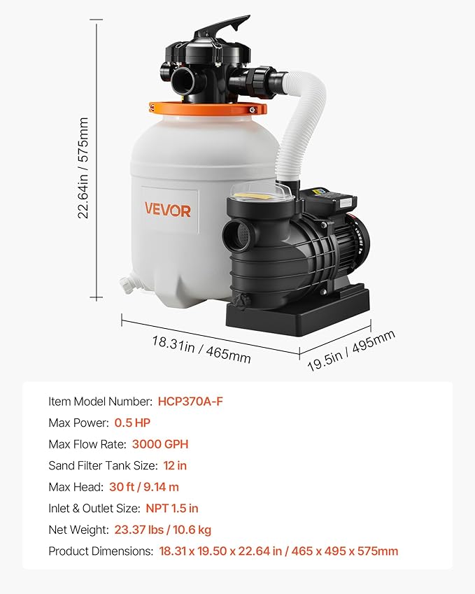 VEVOR FlashPure Sand Filter Pump, 12 in for Above Ground Pool, 0.5 HP 3000 GPH, Swimming Pool Filter System with Timer, 6X Faster Filtration, Media Installed, Leak-Resistant, Ready to Use Out of Box