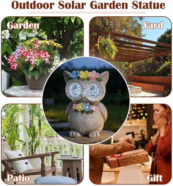 Outdoor Solar Garden Statue, Dynamic LED Light with Flower Sculpture, Art Decor for Patio Porch Lawn Backyard, Housewarming Gifts for Women (Stone Owl)