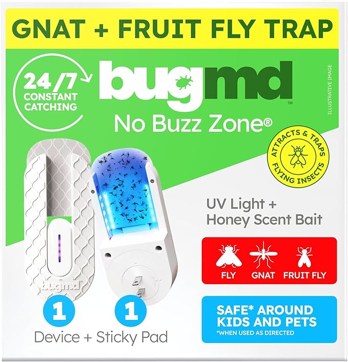 BugMD No Buzz Zone Fruit Fly Traps for Indoors with Honey Scent Bait & UV Light – Gnat Traps for House Indoor, Plug In Fly Trap Indoor, Bug Zapper Alternative, Mosquito Trap for Home
