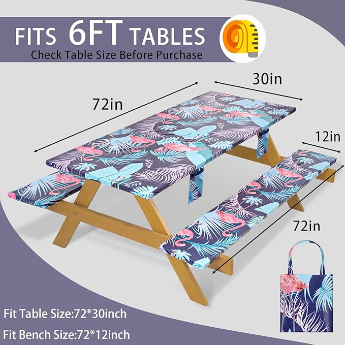 Fitted Waterproof Picnic Table Cover with Bench Covers Heavy Duty Elastic Outdoor Camping Tablecloth for 6 Foot Rectangle Tables Summer Rv Accessories Patio Garden Road Trip Essentials Gifts