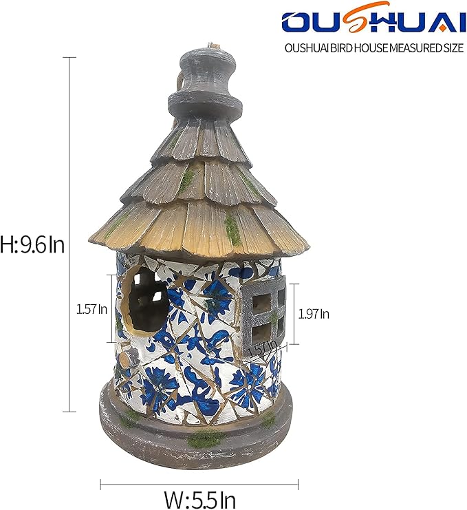 OUSHUAI Bird House for Outdoor with Pole Garden Decor Hanging Birdhouses Weatherproof BirdNest for Outside Bluebird, Finch, Wren, Chickadee, Wild Birds Big Size Resin White Bule