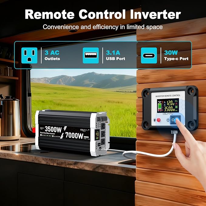 3500 watt Pure sine Wave Inverter, 12V DC to 110V AC Power Inverter, with 3 AC Output sockets, USB Port, Type-C Port, Remote Control with LCD Screen, Used for Solar Emergency Power Supply in RV Homes