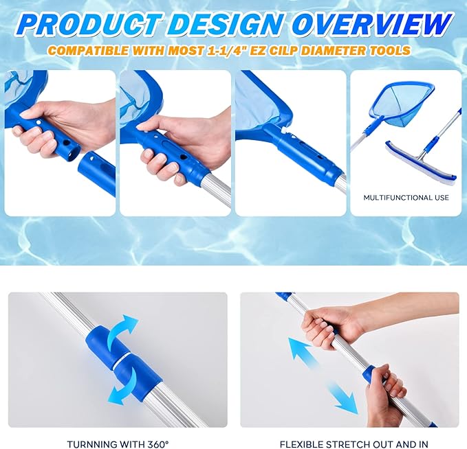 Pool Skimmer - Pool Net with 3 Section Pole, 48 inch Pool Skimmer Net with Pole Total Length, Pool Nets for Cleaning, Fine Mesh Net Pool Skimmer Net, Telescopic Aluminum Pole, Great Pool Accessories