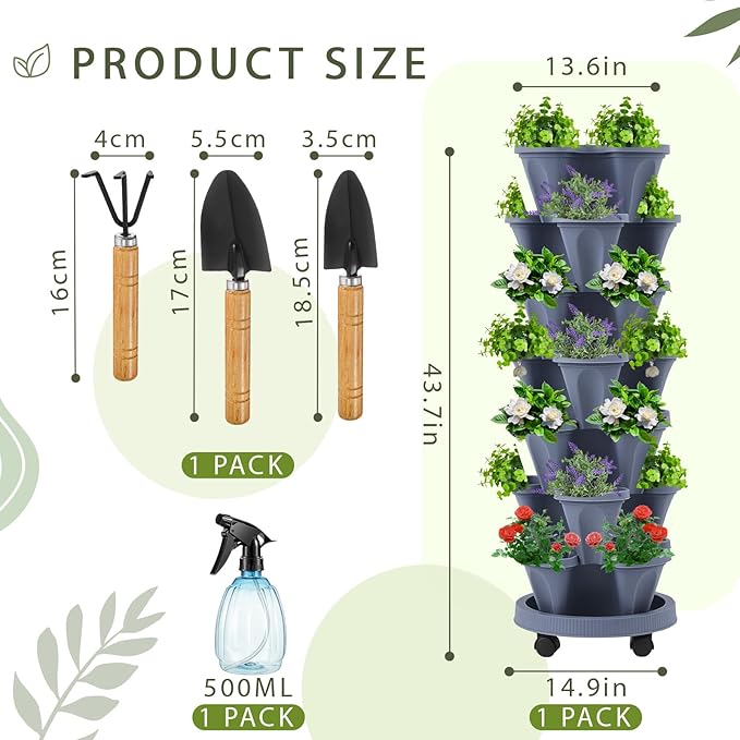 Umigy 1 Set Dark Gray 7 Tier Vertical Planter Stackable Tower Planters Strawberry Herb Flower and Vegetable Pots Indoor Outdoor Gardening Pots with Removable Wheels and Tools