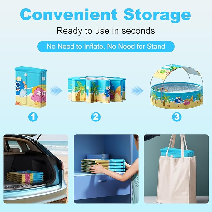 Foldable Swimming Pool with Canopy for Kids 78.7"x17.7" Hard Plastic Portable Dog Pool Anti-Slip Collapsible Pets Bathtub Kiddie Pool Indoor Outdoor Backyard (JellieMons 79'')