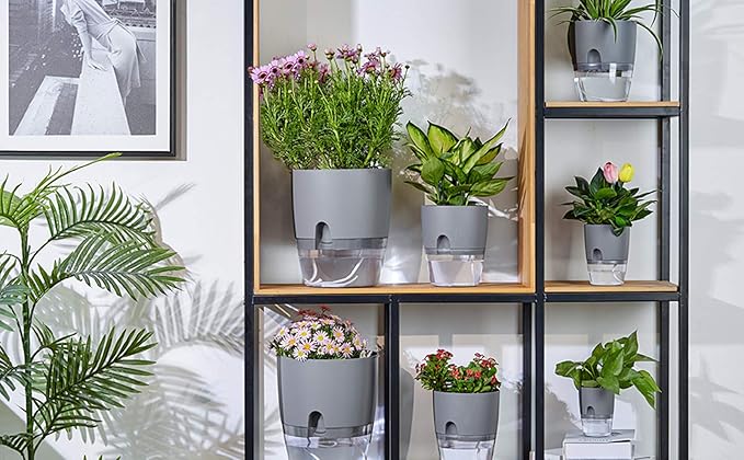 Self Watering Planter for Indoor Plants, 2 Pack 9.3 Inch Flower Pot Modern Decorative Plastic Planter with Extra Large Water Storage for All House Plants, Flowers, Herbs(Gray)