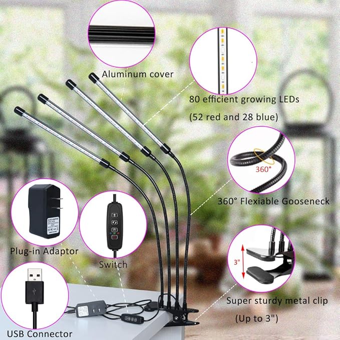 Felibeaco Plant Grow Lights for Indoor Plants Full Spectrum,80 LED Plant Lights for Indoor Growing with Timer, 4 Head Clip Indoor Plant Grow Lamp for House Plants with 3 Lighting Mode/10 Brightness