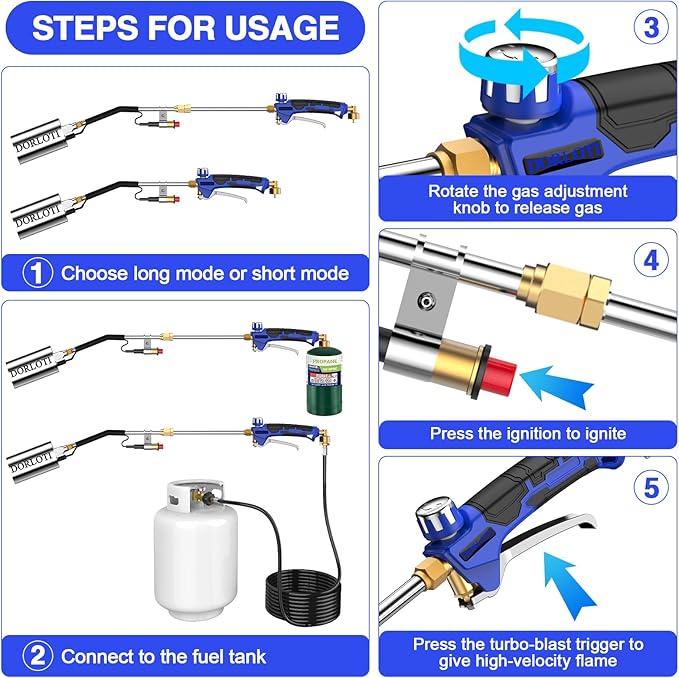 Propane Torch Weed Burner Kit,High Heat Output with Long/Short Mode & Storage Bag,12.5FT Hose Heavy Duty Blow Torch Flamethrower with Self Igniter and Turbo Trigger for Weeding,Roofing,BBQ,Melting Ice