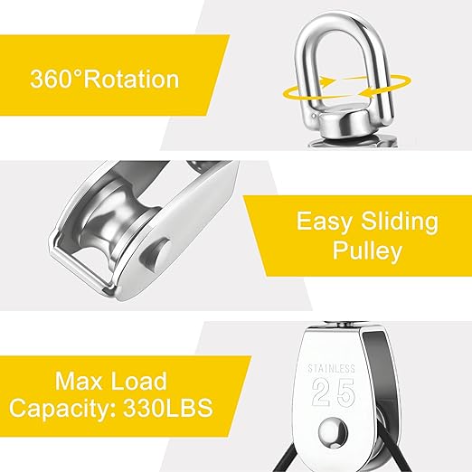 2 Sets M25 Cable Pulley System for Lifting Hanging, Including Heavy Duty Stainless Steel Single Pulley Block with 66FT Nylon Rope, Snap Hooks, Eye Pad Plate, Rope Cleat Hook, Loading 330lb