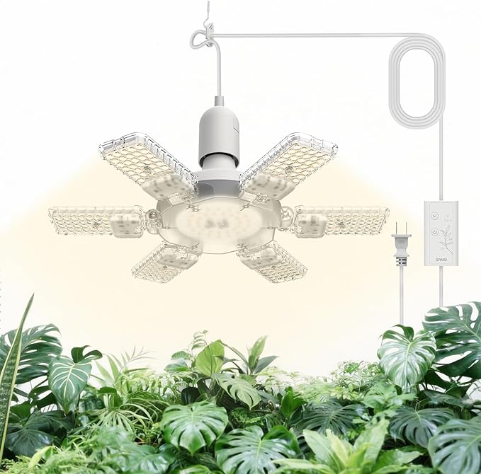 SANSI Grow Lights for Indoor Plants, 198 LEDs Plant Growing Lamp with Timer, 60W 4700LM 4000K Plant Light with Full Spectrum High PPFD, Height Adjustable Wings, 16.4FT Power Cord for Tall Large Plants