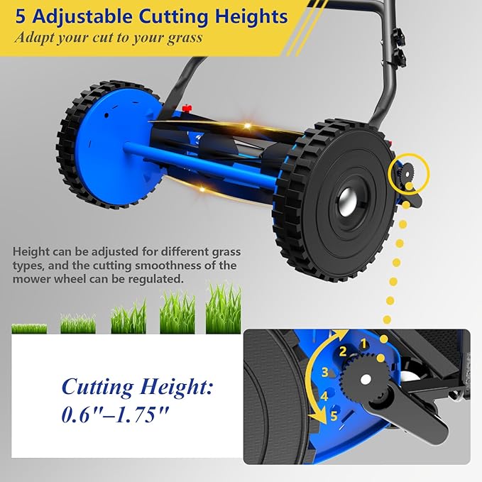 18-Inch Reel Lawn Mower with Grass Catcher and Tool-Free Blade Adjustment, 5-Blade Manual Push Lawn Mower, 5-Position Height Adjustable