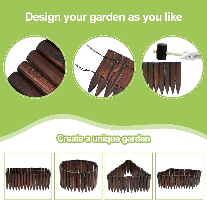 Hicarer 5 Pcs Total 20 ft Wood Garden Edging Fence Border Wood Landscape Border Decorative Flower Bed Barriers with Gloves Hammer for Tree Lawn Yard, 8" H x 47" L for Each(Brown)