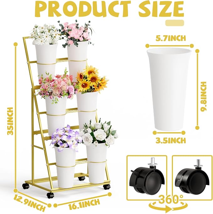 Invech Flower Display Stand with 6 Buckets, 3 Tier Gold Flower Cart Display Stand for Indoor Outdoor Garden, Wedding, Florist