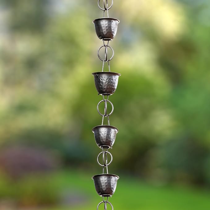 Monarch Rain Chains Aluminum Hammered Cup Black Rain Chains for Gutters – 3 ft Extension Black Decorative Rainchain Outdoor Durable Heavy Duty Gutter Chain Downspout, Modern Rainchains for Outside