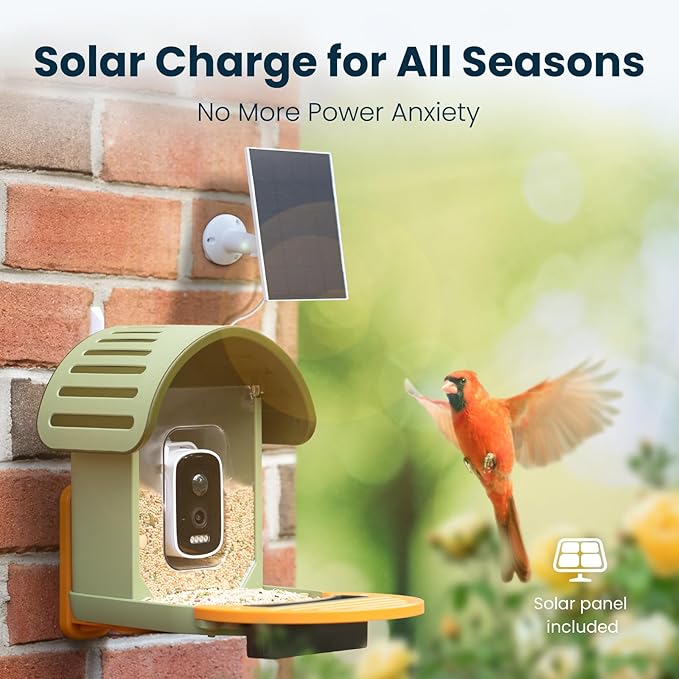 Smart Bird Feeder with Camera, 2.5K UHD Bird Feeder Camera Solar Powerd, Sensitive AI Identification, Instant Alerts Capture Video, IP66 Waterproof for Outdoor, Ideal Gift for Mom, Green