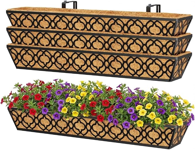 Y&M 36 Inch Window Deck Planter with Coco Liner, Metal Hanging Flower Boxes for Fence, Railing, Balcony, and Outdoor Garden Lawn – 4pcs