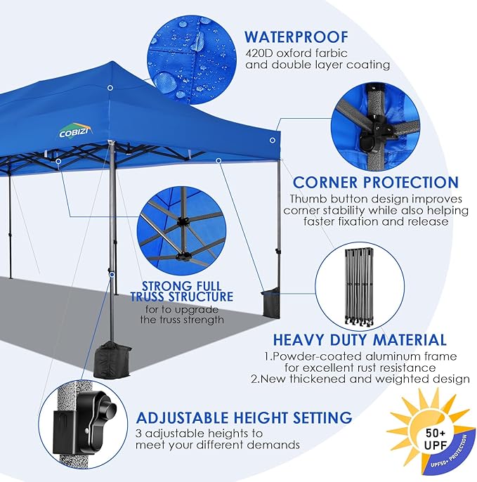 COBIZI 10x30 Pop up Carport 10x30 Canopy Tent with Sidewalls, Heavy Duty Party Tent Tents for Parties, Foldable UPF 50+ Waterproof Commercial Easy up Canopy with Wheeled Bag, Blue