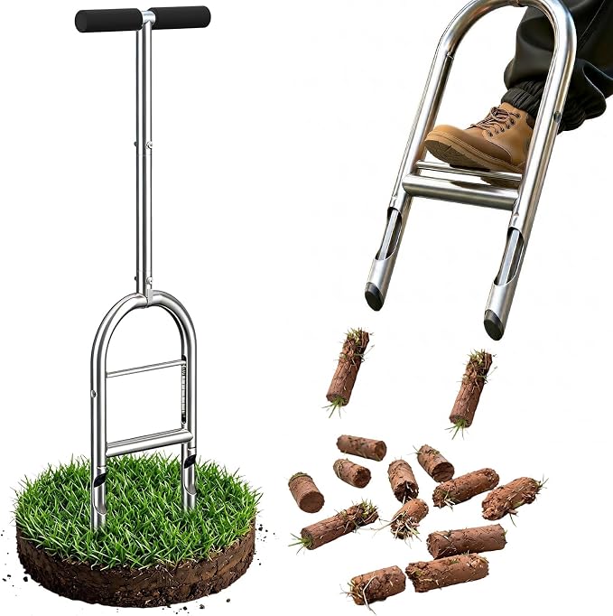 Manual Lawn Aerator Tool - Core Aerator with Step-to-Eject Technology for Never-Clogging Lawn Aeration, Heavy-Duty Steel Construction,Easy DIY Plug Aerator for Healthier Grass and Yard (Black)