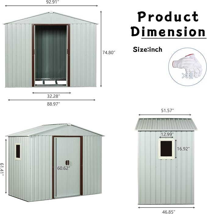 8x4 FT Outdoor Metal Storage Shed with Window, Galvanized Steel Garden Shed, Lockable Sliding Door, Sloped Roof, Ventilated Tool Storage House with Foundation Kit for Backyard Lawn, White