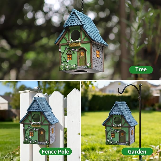 Bird Houses for Outside Cottage Garden Birdhouse –Green Resin Birdhouses for Outdoors with Flower and Stone Details for Bluebird Finches Cardinals Bird Nesting Garden, Patio, Yard