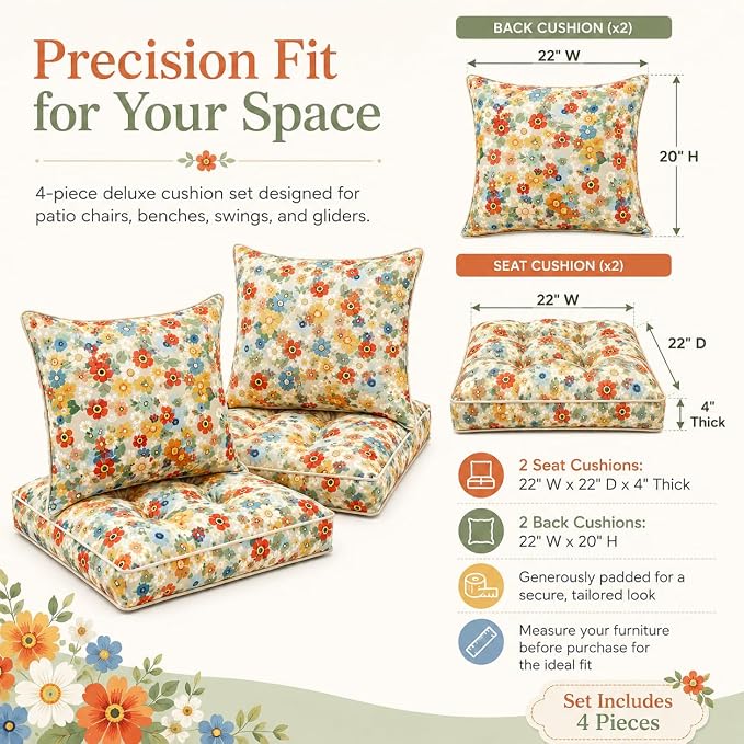 22x22 Waterproof Outdoor Chair Cushions Set of 2, Patio Cushions for Outdoor Furniture Water-Resistant & Fade-Resistant, Deep Seat & Back Cushion for Wicker Sofa (Daisy)