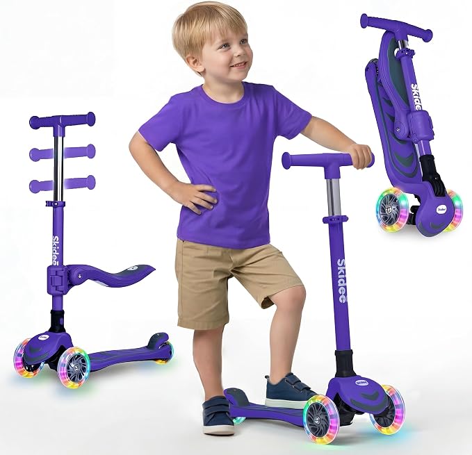 SKIDEE Kick Scooter for Kids Ages 3-5 | Foldable 3 Wheel Scooter with Lean-to-Steer, Adjustable Height, Removable Seat & LED Light Wheels | Toddler Scooter Up to 12 Year Old Boys/Girls