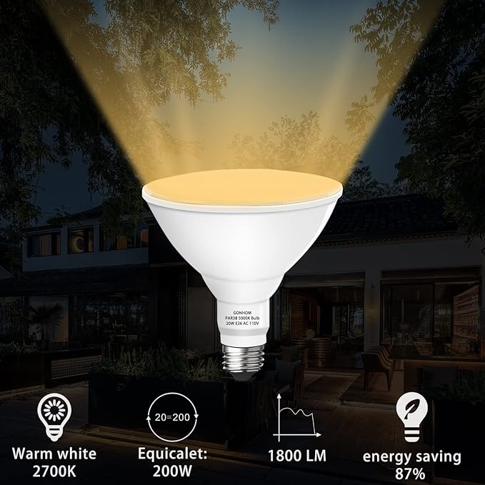 Gonhom Par38 led Flood Lights Outdoor Light Bulb,Dimmable 1800LM,20W Replace up to 200W,Outdoor Flood Light Bulbs for Backyard,Garage,Porch,Garden,2 Pack 2700K Warm Light