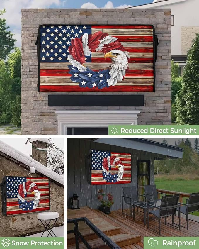 DecorLovee Vintage American Flag Outdoor TV Cover 52 to 55 Inches Weatherproof & Waterproof, Eagle Wreath Outdoor TV Enclosure with Remote Control Pocket, Blue Red USA Flag TV Screen Protectors for TV