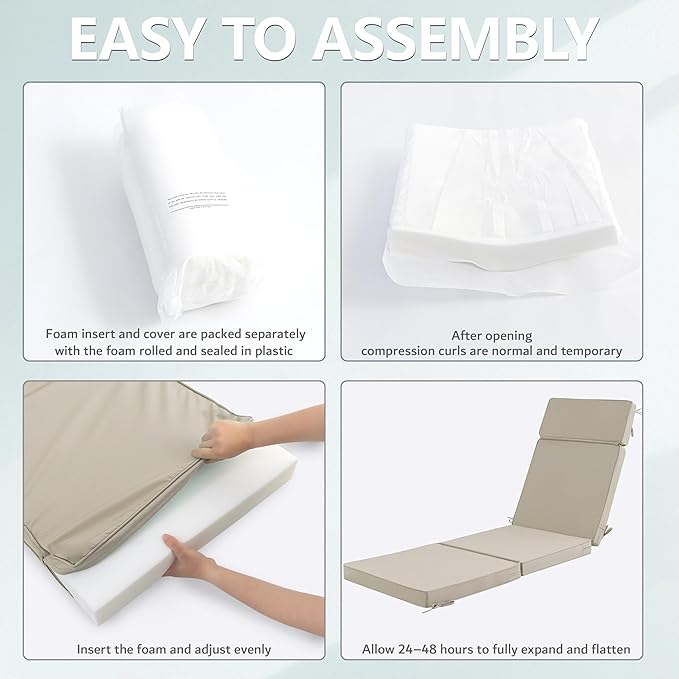 80 x 26 Inch Outdoor Chaise Lounge Cushion - Removable Cover, 4-Section Design, Water-Repellent & Fade-Resistant, 6 Tie Straps, Replacement for Patio & Pool Chairs - Cream