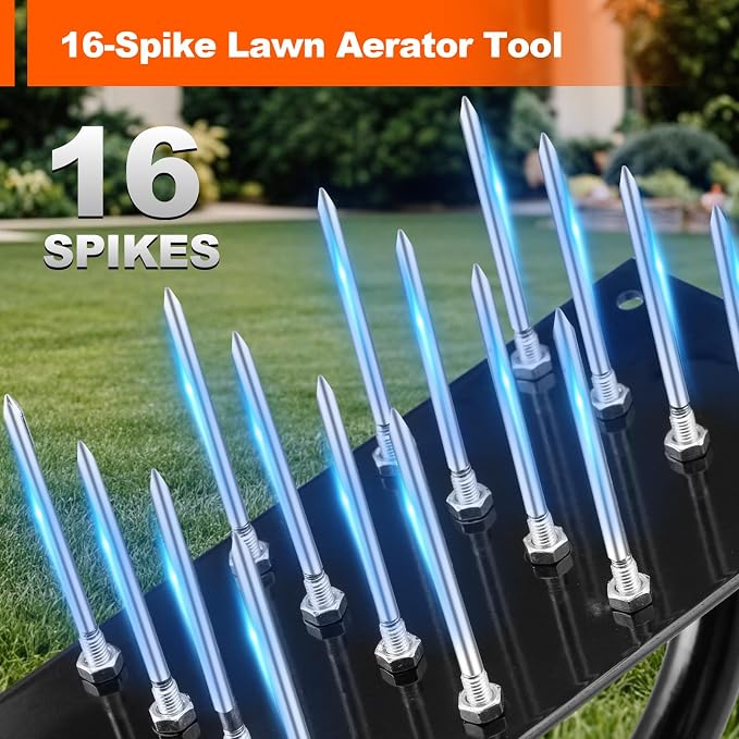 Bluesea Lawn Aerator Tool - 16 Iron Spikes with Ergonomic T-Handle, Automatic Dirt Clean for Soil Loosening & Yard Aeration, Manual Metal Grass Aerator (Green)