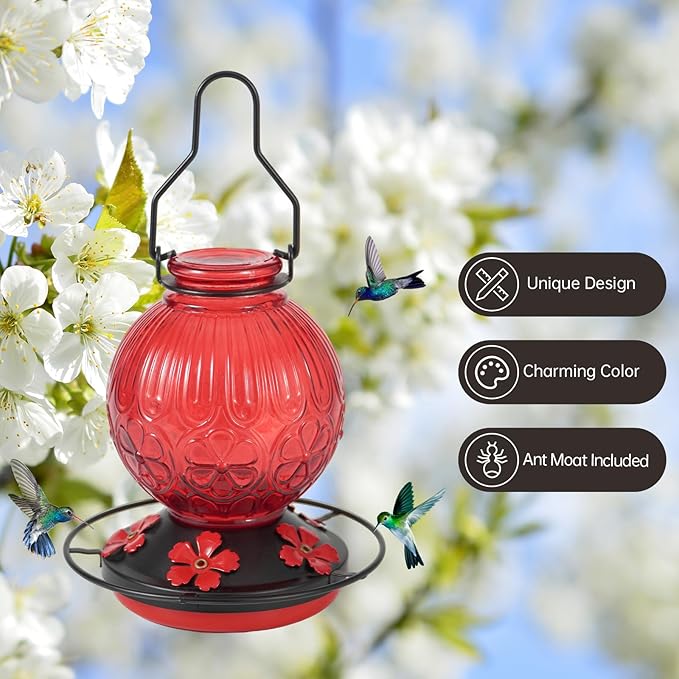 Glass Hummingbird Feeders for Outdoors Hanging, 23Oz Humming Bird Nectar Feeders with Perch, 5 Flower Feeding Ports, Leak Proof Base and Hook for Garden Decor, Gifts for Mom Women (Red)
