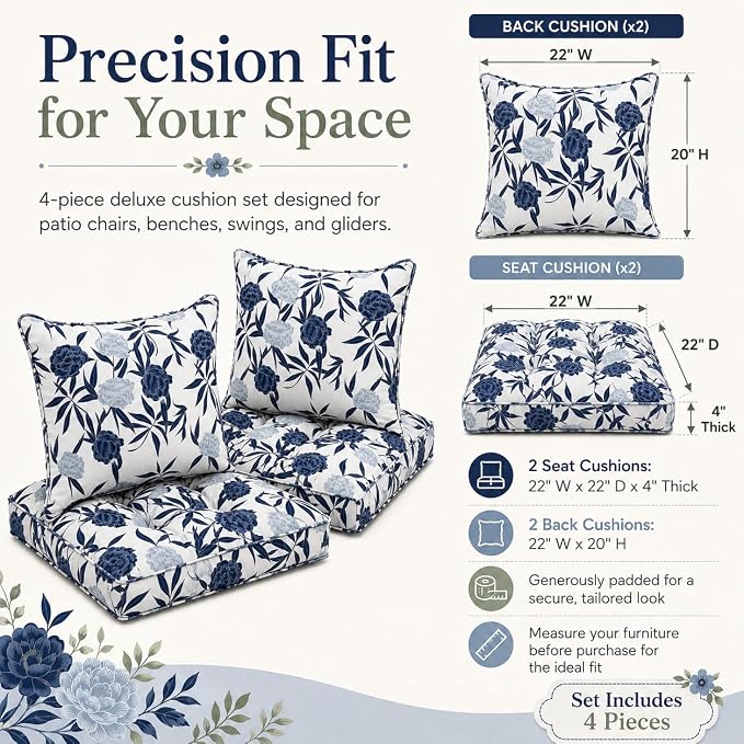 22x22 Waterproof Outdoor Chair Cushions Set of 2, Patio Cushions for Outdoor Furniture Water-Resistant & Fade-Resistant, Deep Seat & Back Cushion for Wicker Sofa (Blue Entrantress)