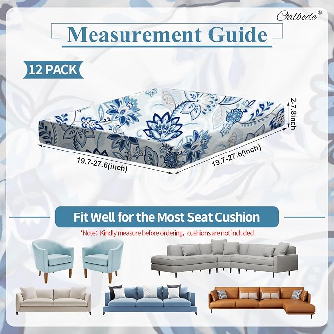 CALBODE 12pcs Floral Printed Stretchy Sofa Cushion Covers for Outdoor Furniture, Sofa Seat Replacement Cover, Flexible Chair Cushion Cover for Porch Garden Furniture Protection(Cover Only)