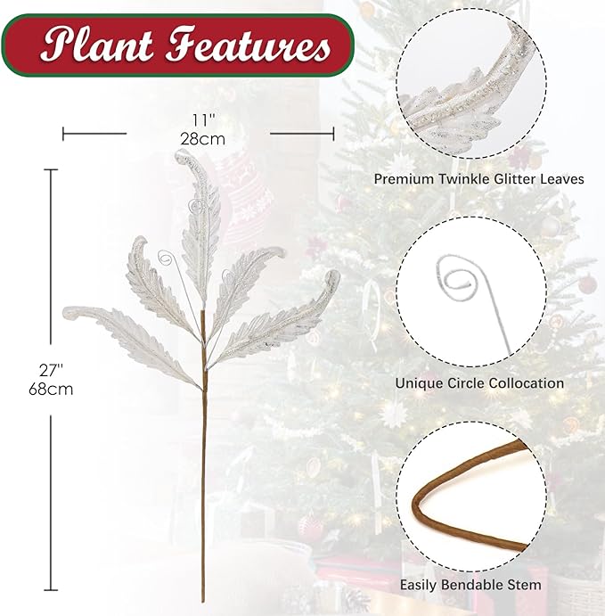 GnFlus 3 Pcs Silver Glitter Leaves Large 27 Inch Artificial Glittered Leaf Picks and Spray Stems Ornament for Tree Wedding DIY Xmas Wreath Garland Floral Arrangement Christmas Home Decor - White
