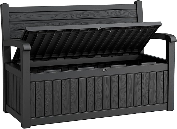 80 Gallon Lockable Deck Bench with Storage, Resin Stripes Outdoor Storage Box, Waterproof Outdoor Porch Bench for Cushions Garden Tools, and Pool Supplies, Black