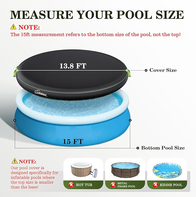 UIRWAY 15FT Round Pool Cover, Inflatable Pool Covers for Above Ground Pools with Elastic Cord - Snug Fit & Easy Set, Outdoor Swimming Pool Cover with 2 Reflective Strip Handles, Black