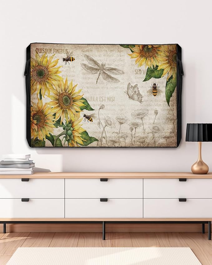 Retro Farmhouse Outdoor TV Cover Fit 40-43" Size, Weatherproof, Waterproof Oxford Cloth TV Enclosure with Sunflowers & Honey Bee Vintage Background