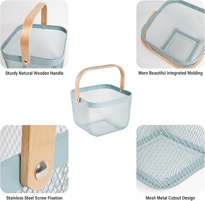 Metal Mesh Steel Harvest Basket, Square Wire Garden Basket with Handle – Multi-Functional Storage Organizer for Gathering Vegetables, Fruits, Kitchen, Garden, Picnic (Aqua-Square)