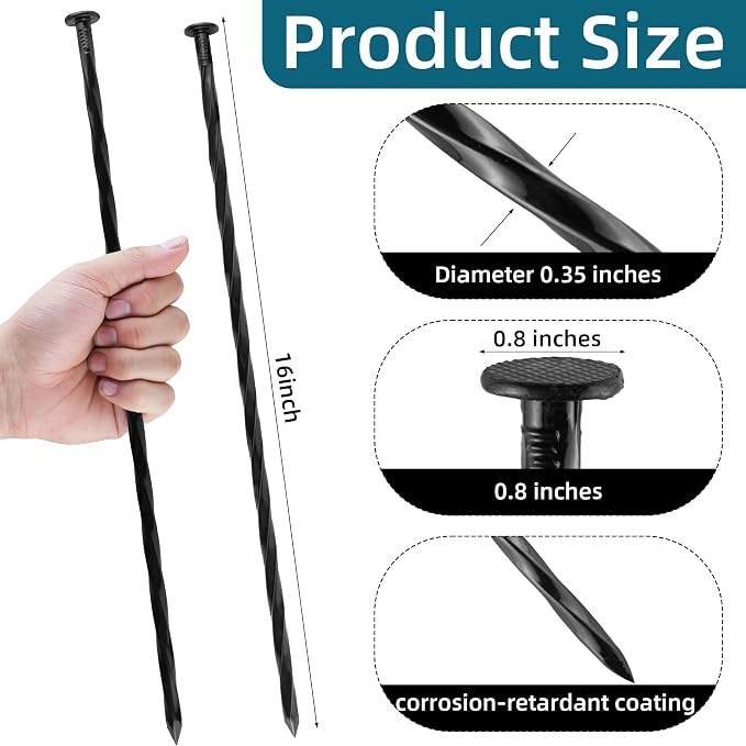 16 Inch Spiral Landscape Stakes, 12 Pack Heavy Duty Metal Ground Anchor Spikes for Paver Edging, Weed Barrier, Camping Tent