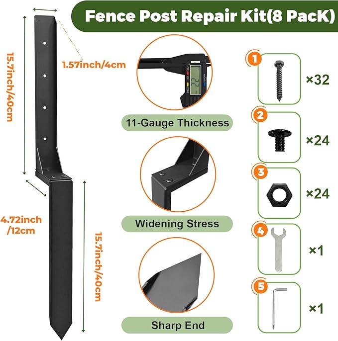 Fence Post Repair Kit, Thickened Heavy Duty Fence Post Anchor Stakes for Repair Tilted, Broken Wood Posts Support (Black, 8 Pack)