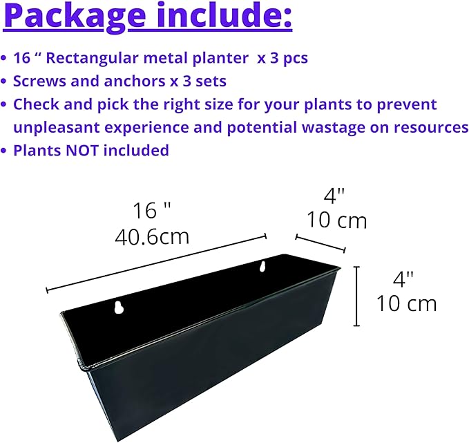 LaLaGreen Indoor Wall Planter - 3 Pack, 16 Inch Large Wall Mounted Succulent Planters, Black Rectangular Metal Hanging Flower Pot, Long Window Sill Plant Box Boho Minimalist Decor Floating Shelve