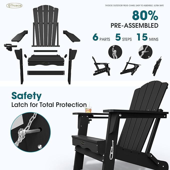 THOEOE Folding Adirondack Chair Set of 2,HDPE All-Weather Outdoor Chair with Cup Holder,Wooden Textured,Fire Pit Chair,Plastic Patio Chair for Deck,Backyard,Garden,Lawn, Black