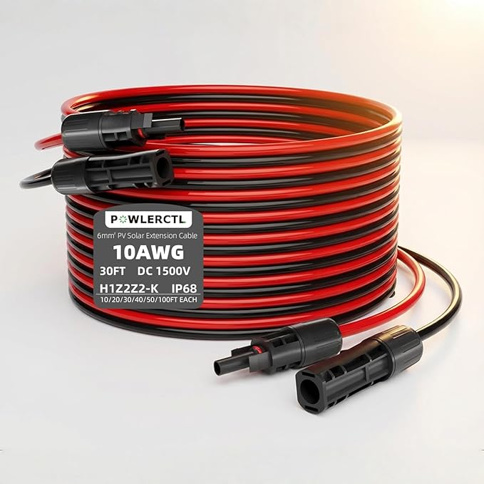 Solar Panel Extension Cable 10 AWG 30Ft 6mm² Wire Gauge Certified PV Cable,100% Tinned Copper Heavy Duty with Male and Female Waterproof mc4 Connectors,for RV, Home Boat Photovoltaic Systems