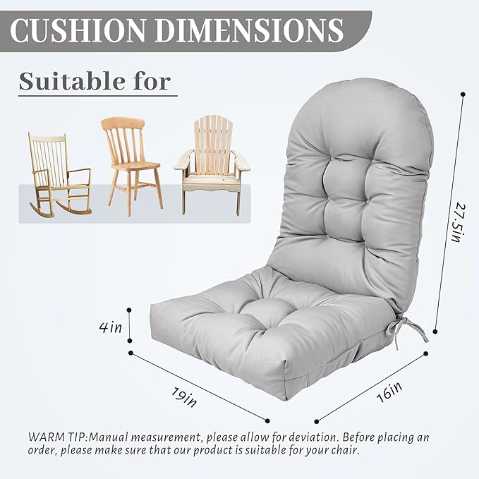 Rocking Chair Cushion Adirondack Chair Cushions with Non-Slip Ties, High Back Patio Chair Cushions,Fade-Resistant & Waterproof,Indoor/Outdoor Rocking Chair Pad for Living Room, Deck,Light Gray