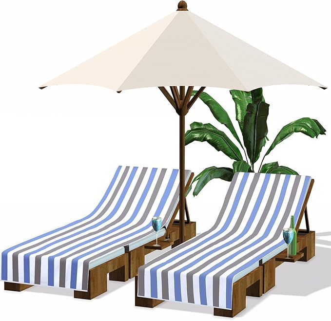 Fumete 2 Pack Lounge Chair Covers 30 x 85 Inch Pool Chaise Lounge Towels Microfiber Beach Chair Towel Portable Striped Outdoor Patio Furniture Cover for Sunbathing Picnic Spa (Blue and Grey)