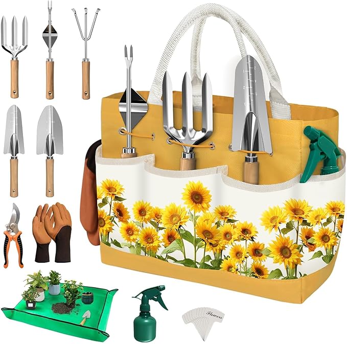 22Pcs Gardening Tools Set for Women Heavy Duty Garden Hand Tool Kit,Gifts for Mothers Day Mom Beginner Gardening Accessories with Sunflower Tote Bag/Shovel/RepottingMat/Plant Labels/Gloves-Yellow