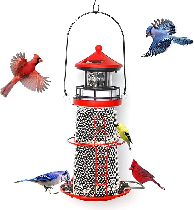 Solar Lighthouse Bird Feeder with Rotating Beacon - 14" Hanging Best Birdfeeder Gifts for Bird Lovers(Apple Red).
